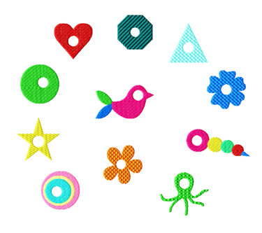 Elf bunte Stickmotive mit mittiger Öffnung: Herz, Stern, Kreis, Dreieck, Achteck, Vogel, Blumen, Ringe, Raupe und Oktopus.