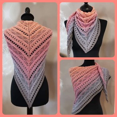 Gehäkeltes Dreieckstuch Ombre Rosa-Pfirsich-Grau mit Lochmuster auf Mannequin