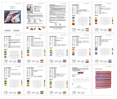 Vorschau der mehrseitigen PDF-Häkelanleitung für eine gestreifte Babydecke mit Farbkarten und Diagrammen