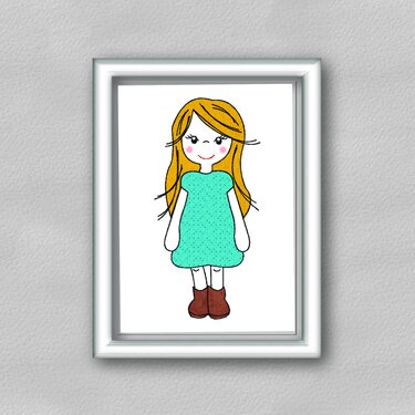 Gezeichnetes Mädchen mit langen blonden Haaren, türkisfarbenem Kleid mit Punkten und braunen Stiefeln, gerahmte Illustration