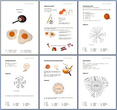 Mehrseitige Häkelanleitung mit gehäkelten Spiegeleiern, Häkelnadel und Diagrammen