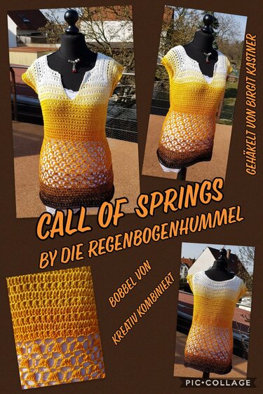 Ärmellose gehäkelte Damen‑Tunika auf einer Schneiderpuppe mit V‑Ausschnitt und Ombre‑Farbverlauf von Weiß bis Dunkelbraun; sichtbares Lochmuster am unteren Saum.