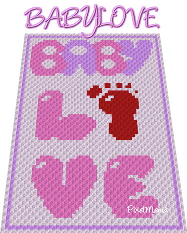 Raster-Pixelmuster für Babydecke mit BABY LOVE, Herzen und rotem Babyfuß
