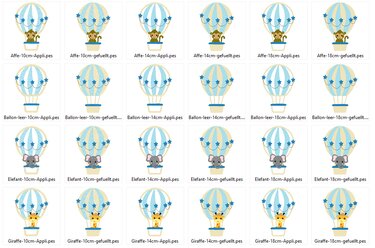 Ballon Tiere Stickdatei mit Elefant und Giraffe im Heißluftballon - Sticken