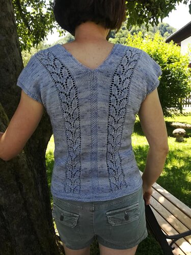 Rückenansicht eines hellblauen gestrickten Shirts mit V-Ausschnitt und vertikalem Blatt-Lochmuster.