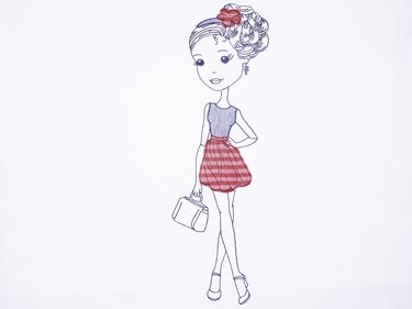 Skizzenhafte Stickillustration einer jungen Frau mit Ballonrock, Blume im Haar und Handtasche