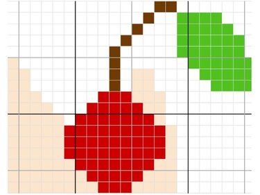 Pixel-Gittermuster einer roten Kirsche mit braunem Stiel und grünem Blatt auf kariertem Raster.