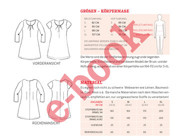 Technische Zeichnung eines Kleiderschnittmusters mit Vorder- und Rückansicht, detaillierter Größentabelle und Materialangaben.