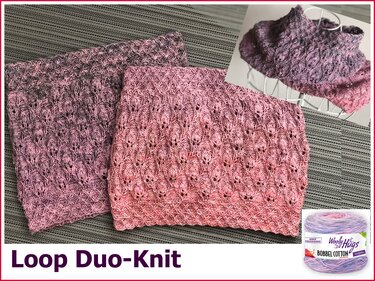 Zwei gestrickte Loop‑Schals in Rosa- und Lilatönen mit feinem Lochmuster
