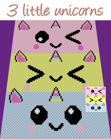3 liTTle uniCorns, Häkelmuster, Grafik für C2C, Häkeldecke Ecke zu Ecke, mit Anleitung - Häkeln