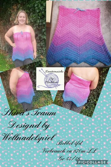 Gehäkeltes Bandeau-Top in Rosa‑Blau mit Zickzackmuster, getragen und flachgelegt