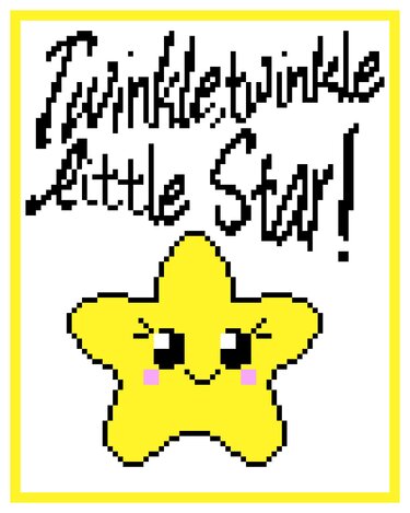Pixelgitter-Design eines gelben Sterns mit schwarzem Rand und dem Text ‚Twinkle twinkle little star!‘