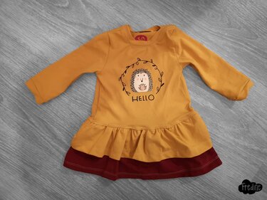 Senfgelbes Babykleid mit langen Ärmeln, Rüschen und Igelmotiv mit HELLO-Schriftzug, dunkelroter Saum