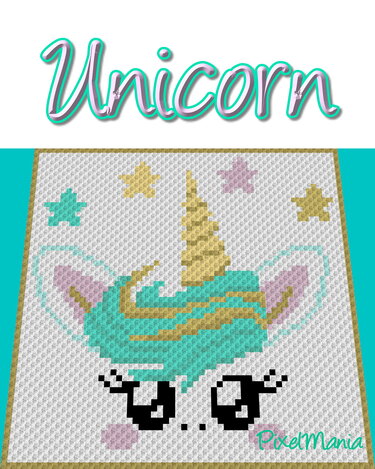 Pixelhäkelmuster Einhornkopf mit mintgrüner Mähne, goldfarbenem Horn und Sternen