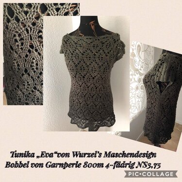 Gehäkelte olivgrüne Tunika mit Ajourmuster auf Schneiderpuppe