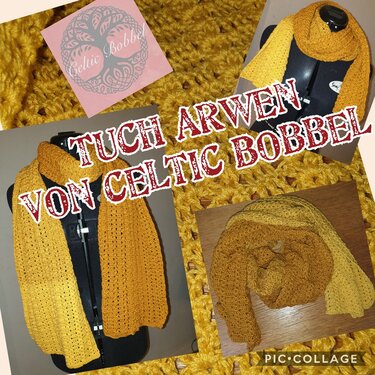 gelb-goldener gehäkelter Schal auf Schneiderpuppe mit Detail des Lochmusters