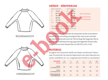 Technische Zeichnungen eines Raglan-Sweatshirts mit Größentabelle und Materialangaben
