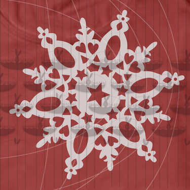 Weiße Schneeflocke mit eingearbeiteten Sternen und Herzen auf rotem Hintergrund.