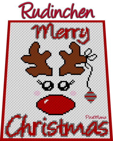Pixelhäkelmuster Rentierkopf mit roter Nase und "Merry Christmas"-Schriftzug