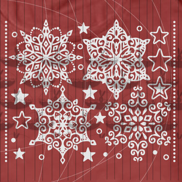 Vier ornamentale Schneeflocken-Designs mit Sternen und Punktornamenten in Weiß auf rotem Hintergrund