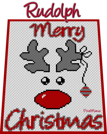 Pixelhäkelmuster Rudolph Rentierkopf mit roter Nase, Geweih und Schriftzug Merry Christmas