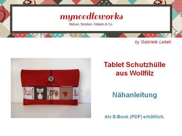 Rote Tablet-Hülle aus Wollfilz mit Umschlagklappe, Stoffstreifen und Knopfverschluss