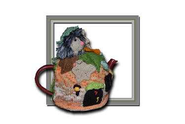 Woodland cottage teapot cozy with knitted hedgehog figure