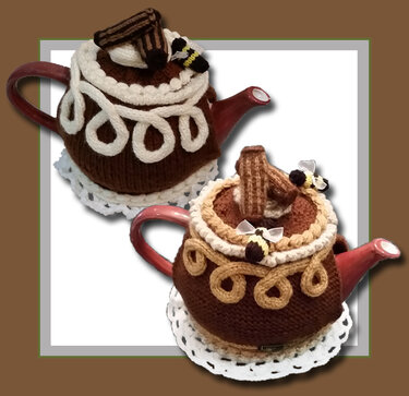 Two brown and cream knitted teapot cozies with looped trim and small bee decorations on red teapots and white crocheted doilies