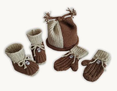Brown and cream knitted baby hat, booties, and mittens with owl buttons