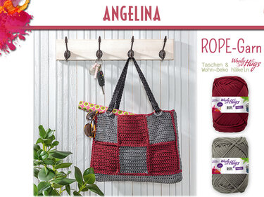 Gehäkelte Shopper-Tasche aus roten und grauen Quadraten, an einem Wandhaken hängend