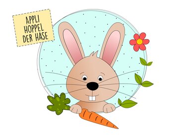 Grafische Applikation: lächelnder Hase mit Karotte, Blume und Blättern in rundem Rahmen