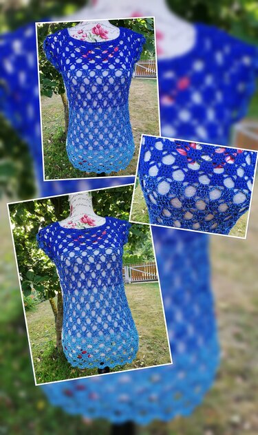 Gehäkelte blaue Tunika mit Muschel-Lochmuster und Farbverlauf auf Schneiderbüste