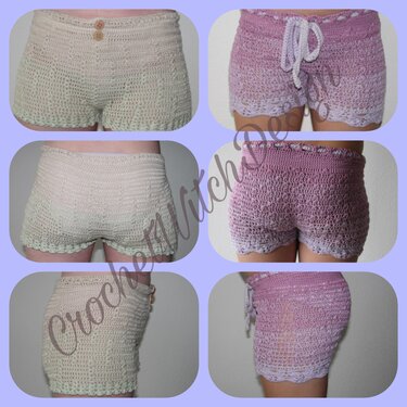 Collage zweier gehäkelter Shorts: cremefarbene Shorts mit Holzknöpfen und muschelsaum; lilafarbene Shorts mit Farbverlauf und Kordelzug. Vorder-, Rück- und Seitenansichten.