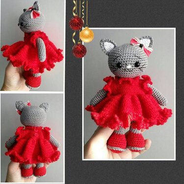 Amigurumi cat with frilly dress 17 cm tall (19 cm including ears) - Crochet