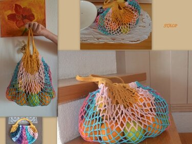 Bunte gehäkelte Netztasche mit gelbem Griff, gefüllt mit Obst