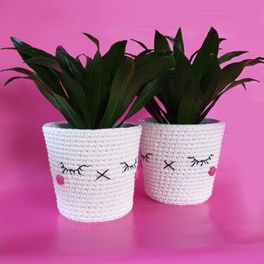 Two white crocheted pot covers with embroidered sleepy faces holding green plants on a pink background