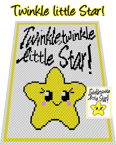 Pixelhäkelmuster eines gelben Sterns mit Augen und dem Schriftzug 'Twinkle little Star!' auf hellem Hintergrund mit gelber Umrandung.