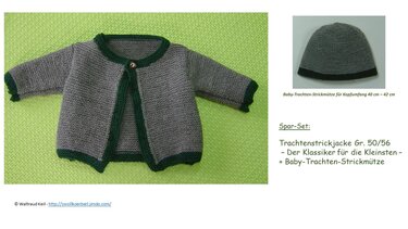 Gestrickte graue Baby-Trachtenjacke mit grüner Kante und passende graue Mütze mit dunklem Rand