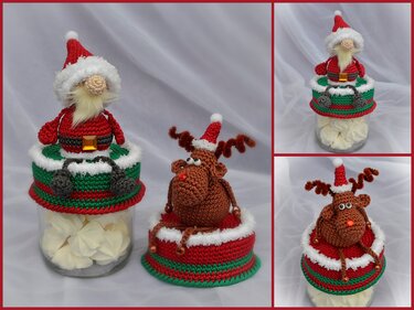 3er Set Nikolaus Elch Rentier Kantenhocker incl Deckelbezug Marmeladenglas - Häkeln