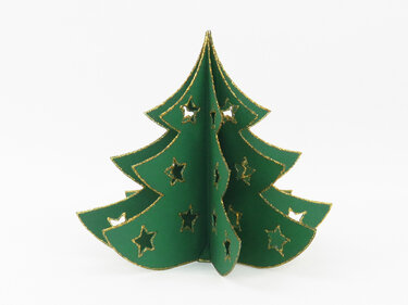 Gefalteter grüner Papier-Tannenbaum mit Sternausschnitten und goldenen Rändern