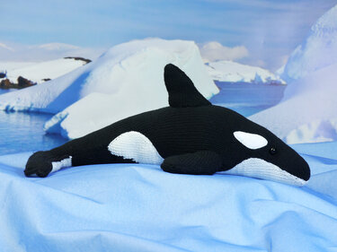 Black and white knitted orca amigurumi on blue fabric with icy backdrop
