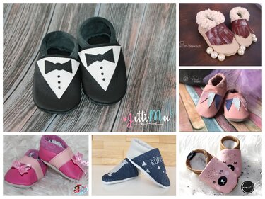 Collage aus sechs weichen Babyschuhen mit verschiedenen Verschlüssen, Umschlagfersen und Applikationen