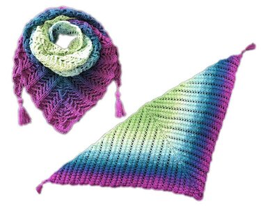 Two views of a crocheted triangle shawl: one laid flat showing its colorful gradient and lace-like stitch pattern, and another rolled to highlight the color transition.