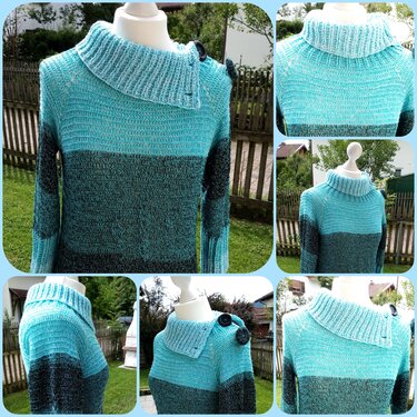 Häkelpullover Damen asymmetrischer Rollkragen Schulterknopf türkis