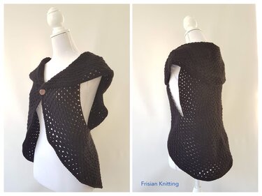 Mannequin wearing a black openwork crochet shrug with a wide collar and single button