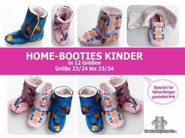 Mehrere Bootie‑Modelle nebeneinander zur Größen‑ und Variantenansicht; gefütterte Innenseiten und verschiedene Außenstoffe sichtbar