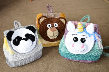 Crochet velvet backpack pattern. Panda, Bear, Unicorn