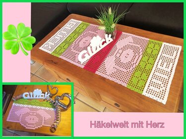 Gehäkelter Filet-Tischläufer mit Herz- und Kreismotiven in Rosa, Grün und Weiß