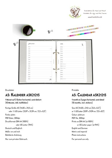 Monatskalender 1M2S h A5 Einlagen Hunde A5K21215 - Basteln
