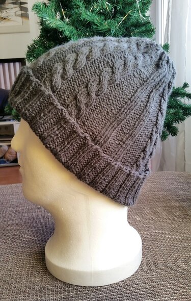 Grau gestrickte Herrenmütze mit Zopfmuster auf Schaufensterkopf